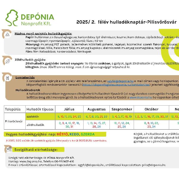 Megjelent a 2025. második félévi hulladéknaptár